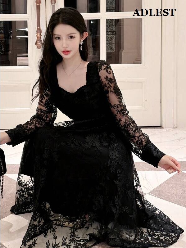DAZY Women Solid Color Contrast Lace Long Sleeve Dress, Birthday, New Year Eve Prom Dress,Fall Dress Elegant Women Dresses product image (3)