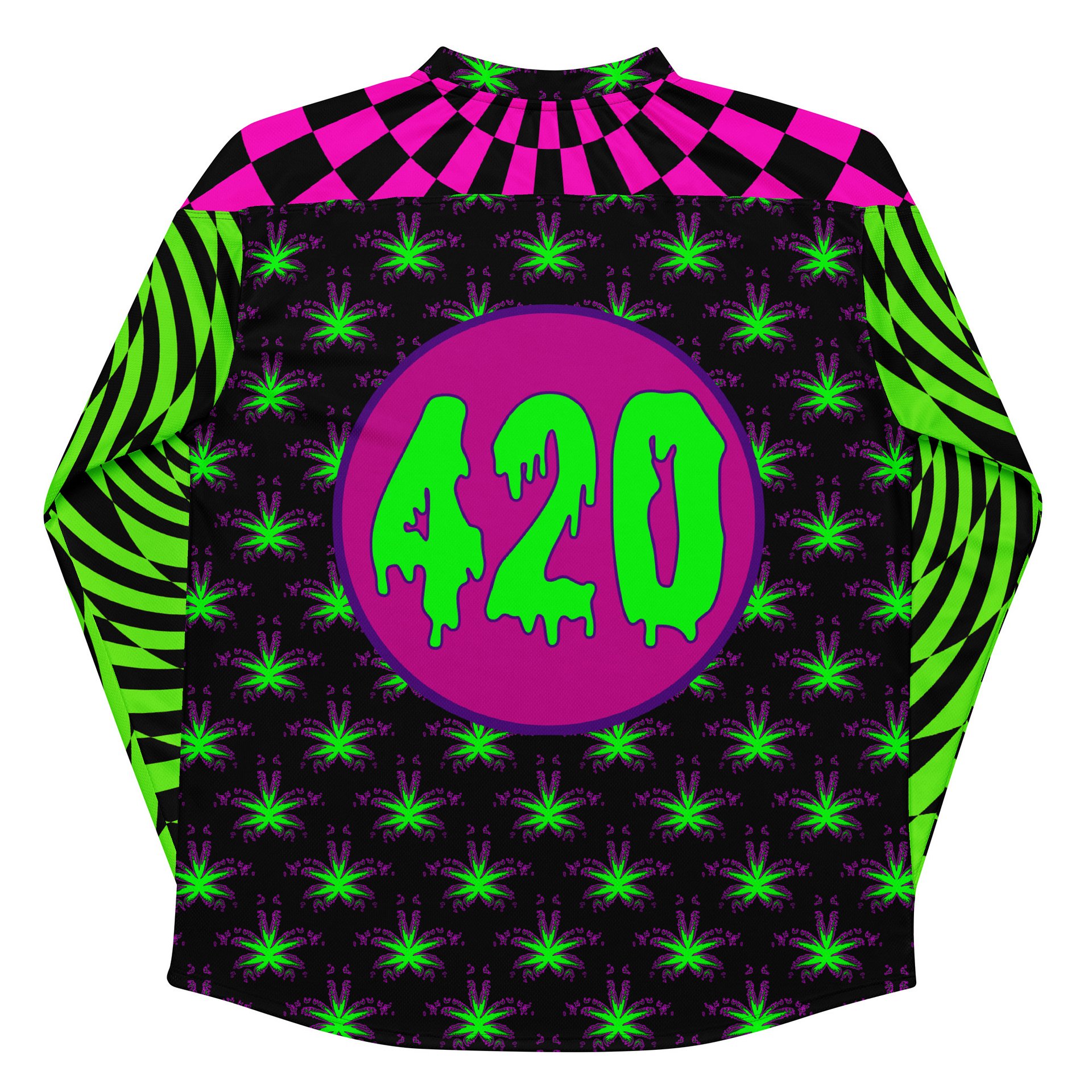 Twisted 420 Weed Rave Hockey Jersey, Psychedelic Spiral EDM Festival Shirt, Pot Leaf Trippy Techno Top, Neon Green Pink Cannabis Clothing product image (2)