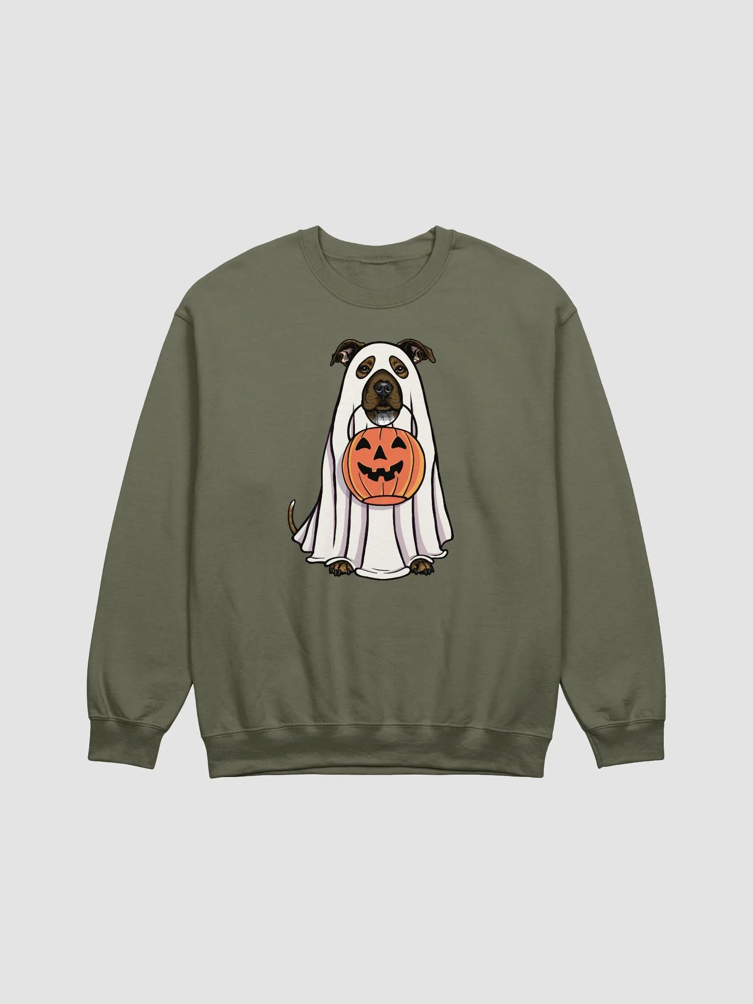 Funny Halloween Staffordshire Terrier(Brindle) Sweatshirt | Funny Staffy Wearing a Ghost Costume and Holding a Pumpkin Basket product image (1)