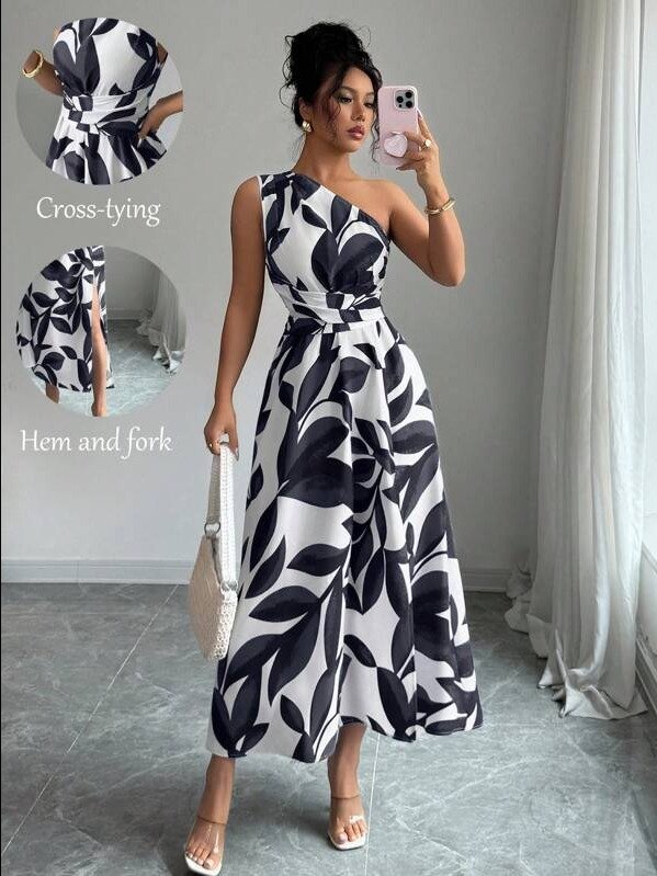 ADLEST Women's Fashion All-Over Print Slit Dress With Cinched Waist And One Shoulder product image (1)