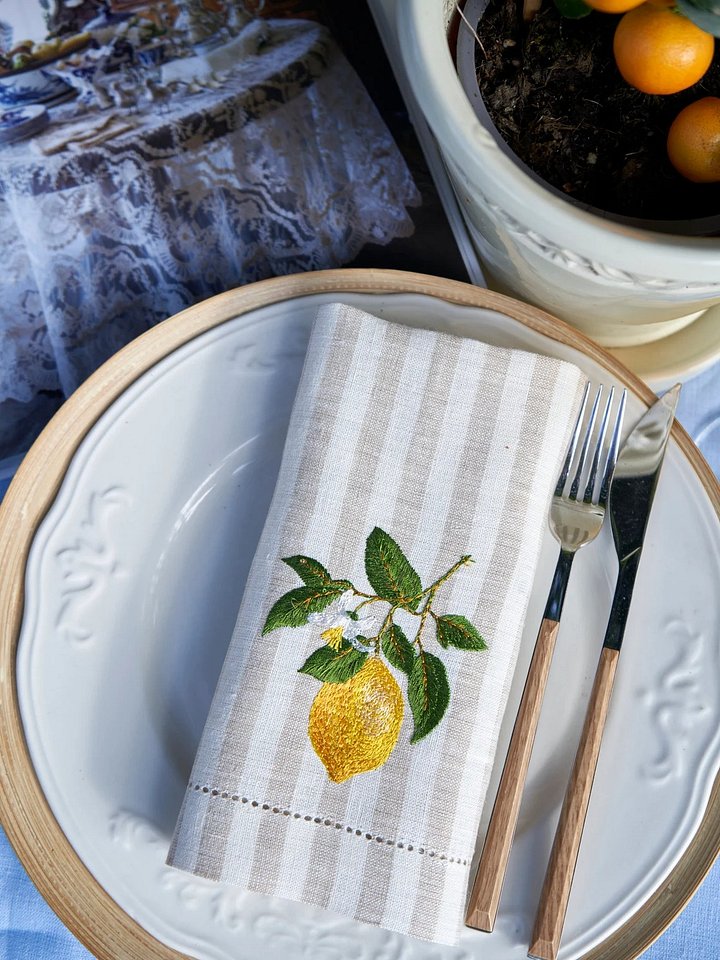Lemon branch napkins Embroidered napkin White napkins Striped napkin Beige napkins Linen napkin Vintage style napkin Hemstitched napkin Gift product image (2)