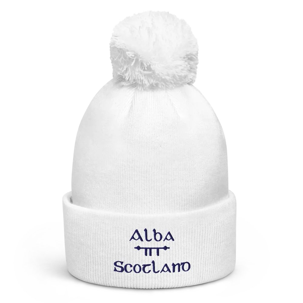 Scotland/Alba Scholastic style Ogham, white with navy, embroidered Pom-Pom Beanie product image (1)