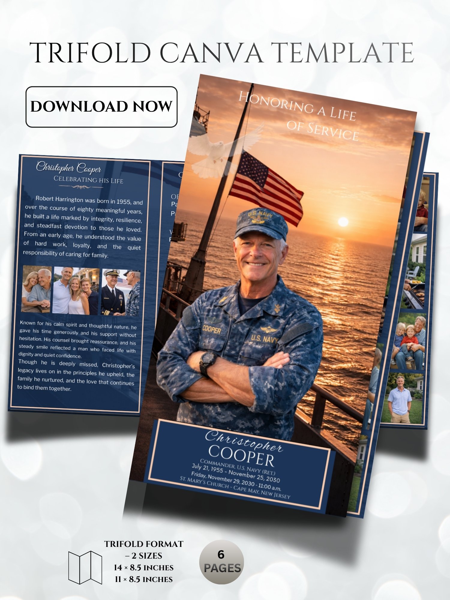 US Navy Trifold Funeral Program Template • Sunset Landscape with Flag • Editable in Canva • US Letter & Legal Sizes • 6 Pages product image (6)