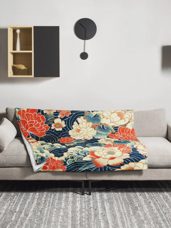 Traditional Japanese Floral Throw Blanket - Peony Wave Aesthetic Fleece product image (14)