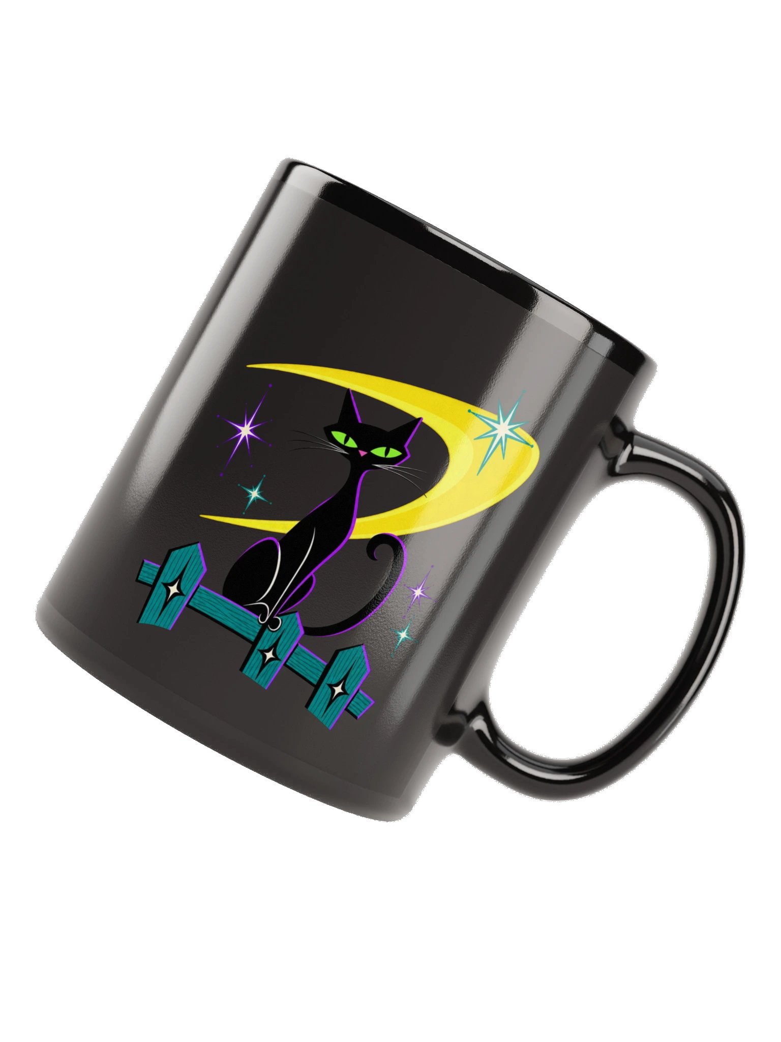 Midnight Atomic Cat – Black Glossy Mug product image (12)