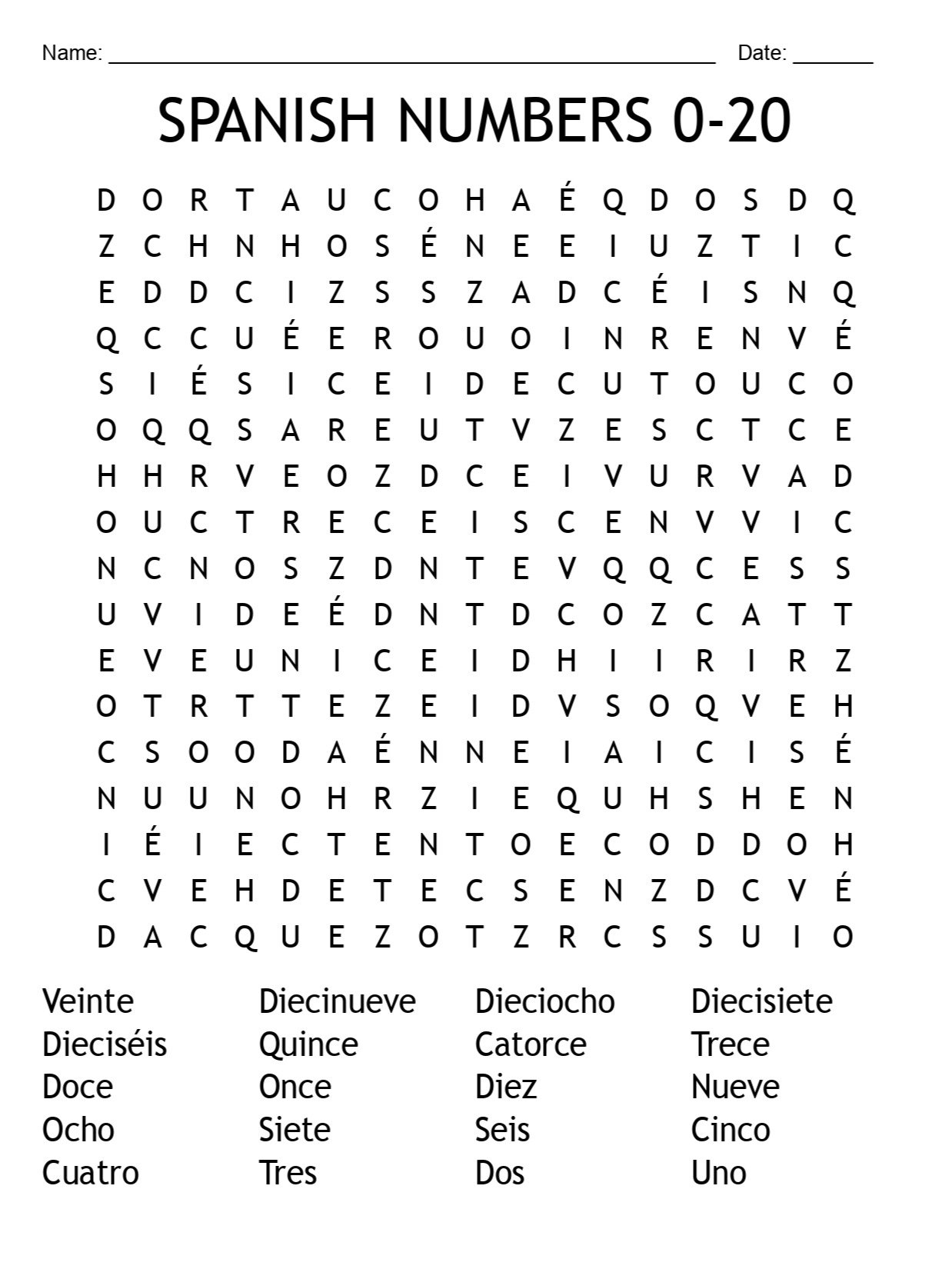 Printable Spanish Word Search – Numbers (1–20) Vocabulary Puzzle Activity! product image (1)