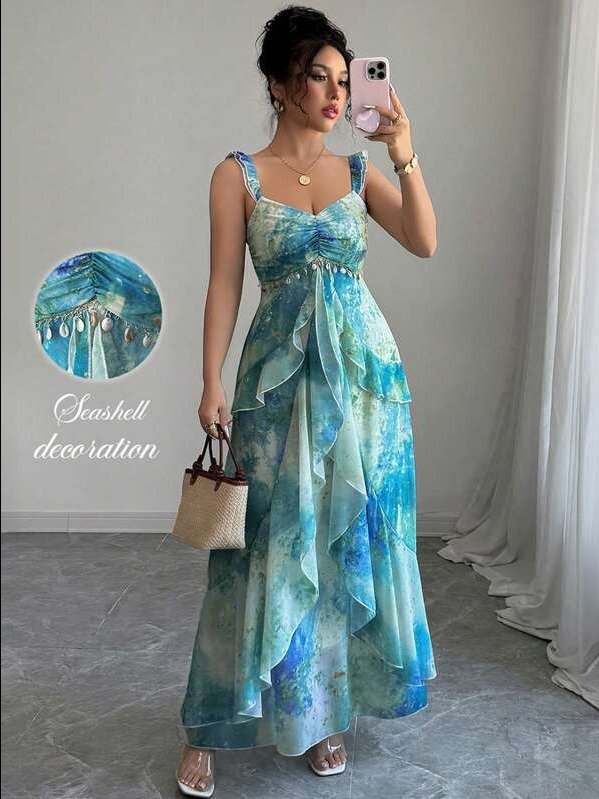 ADLEST Women's Elegant Flutter Sleeve Heart Neckline Cinched Waist Ruffle Layered Asymmetrical Hem A-Line Tie Dye Watercolor Floral Print Long Maxi Dress product image (1)
