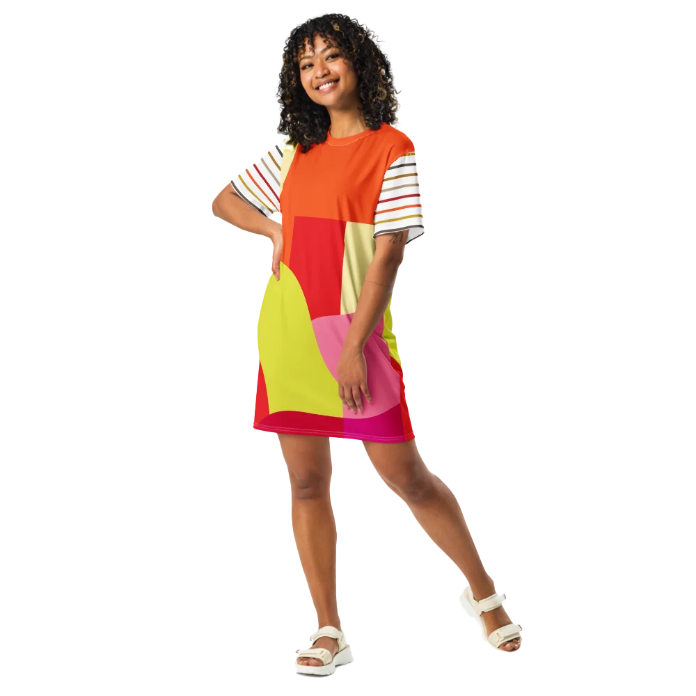 All-Over Orange/Yellow Geometric/Stripe T-Shirt Dress product image (2)