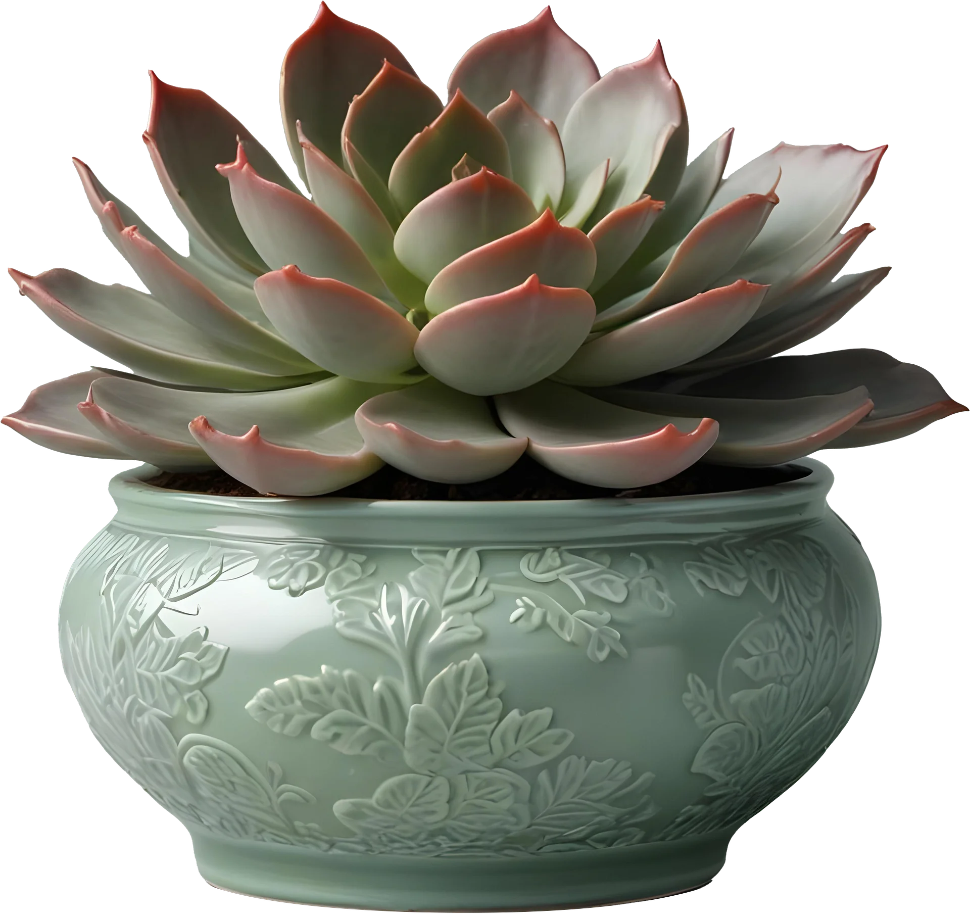 Mint Green Chinese Porcelain Pot with Floral Embossed Design PNG product image (1)