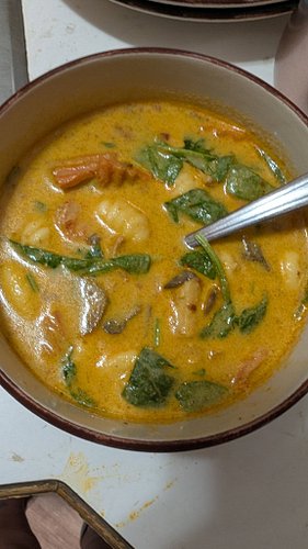 Made a Curry Gnocchi Chicken soup for dinner last night. It was amazing. 
Brett said it was pretty and to take a pic of it.