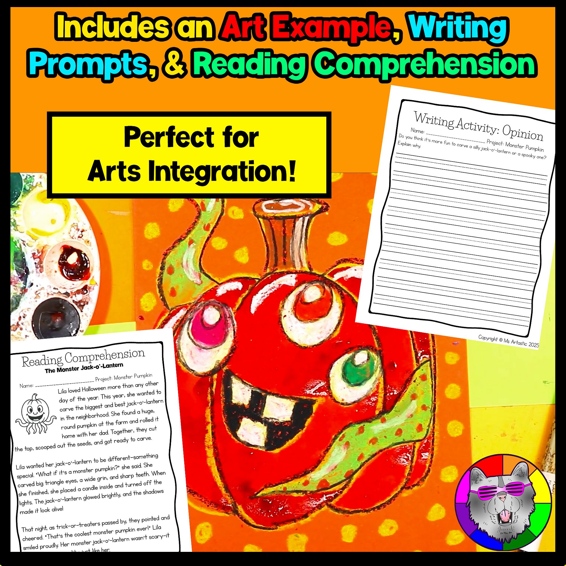 Halloween Monster Pumpkin Art Lesson with Reading, Writing & Step-by-Step Tutorial (Grades 1–4)igital Product product image (2)