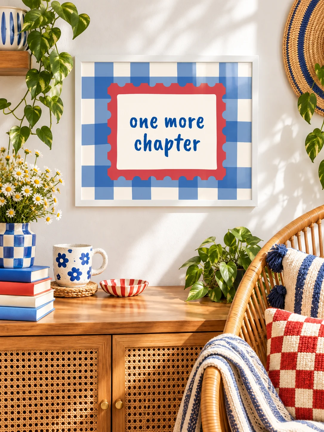One More Chapter Printable Wall Art | Book Lover Quote Poster | Reading Nook Decor | Blue Gingham Literary Download product image (1)