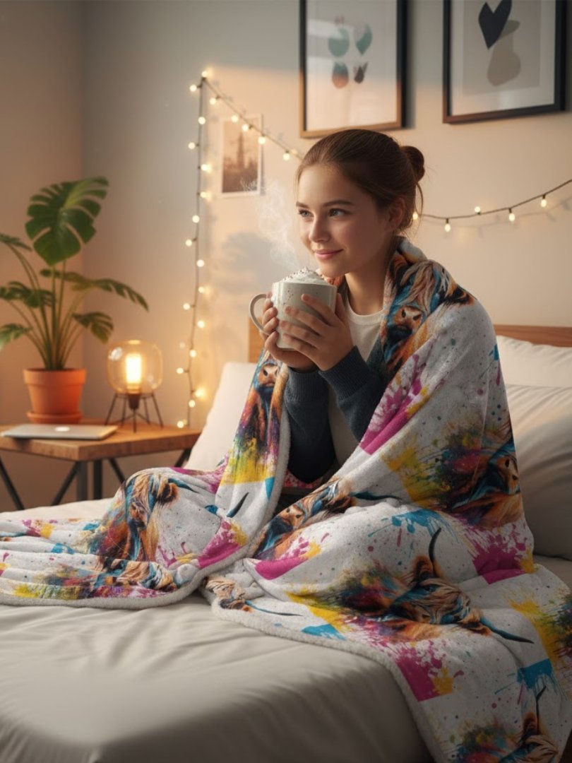 Multi Coloured Paint Splash Highland Cow Blanket product image (1)