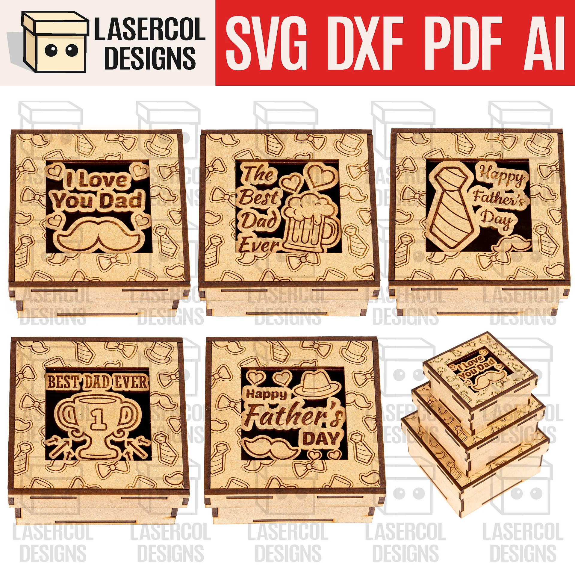 Free Laser File (MAY) - Father's Day Gift Boxes Set 1 (3 Sizes, 5 Styles) product image (1)