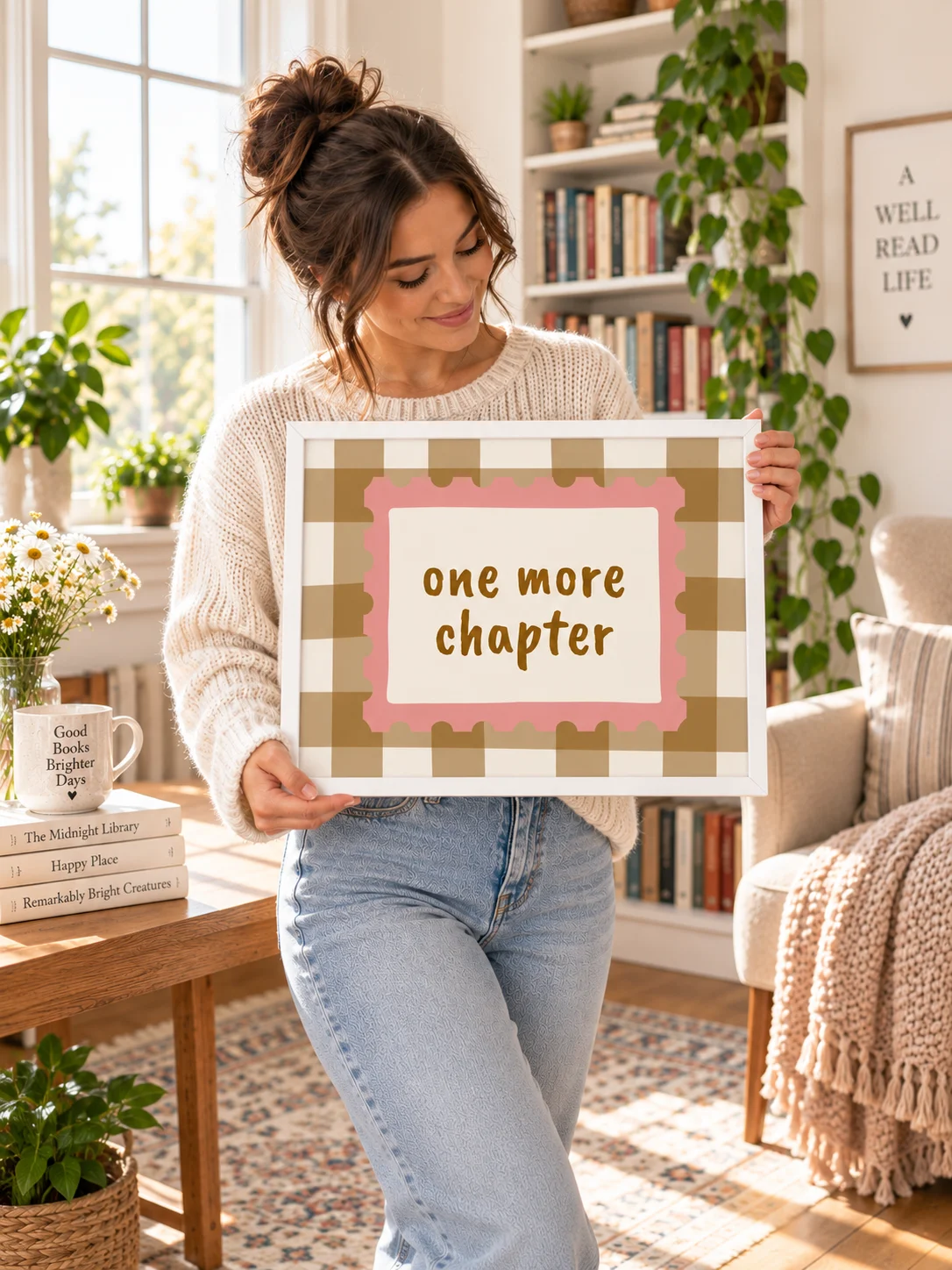 One More Chapter Printable Wall Art | Book Lover Reading Nook Poster | Pink Checkered Library Decor | Digital Download product image (3)