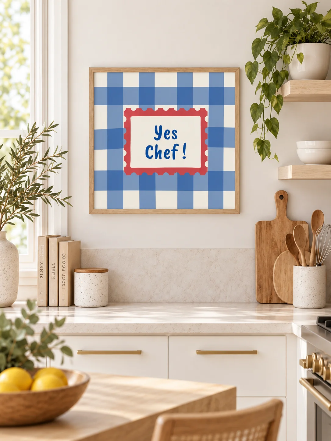 Yes Chef Kitchen Wall Art | Blue Gingham Cooking Quote | Retro Checkered Printable Poster product image (3)
