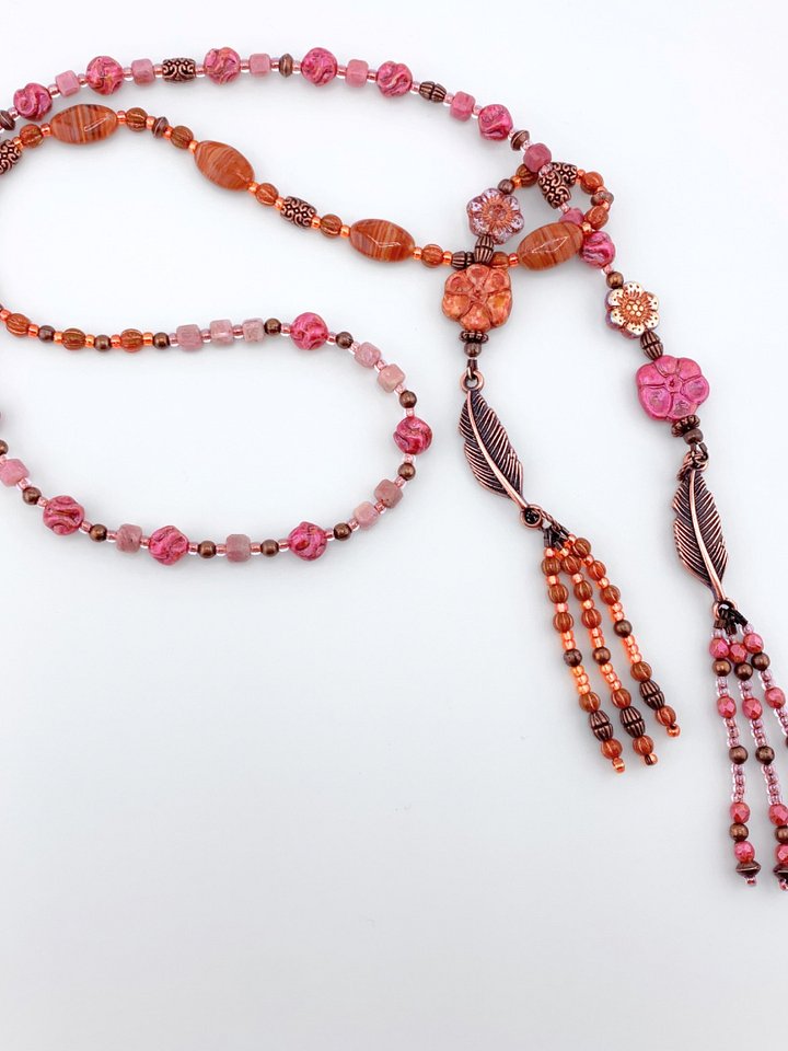 Pink and Orange Glass Beaded Fringe Lariat Style Necklace Set product image (2)