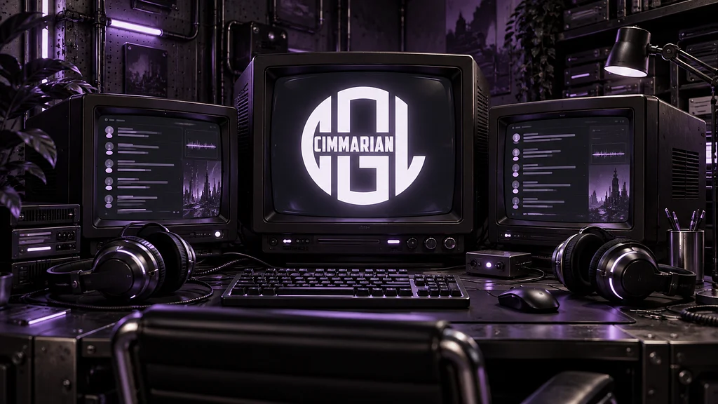 A violet-lit gaming desk with headsets and the Cimmarian emblem on a CRT monitor.