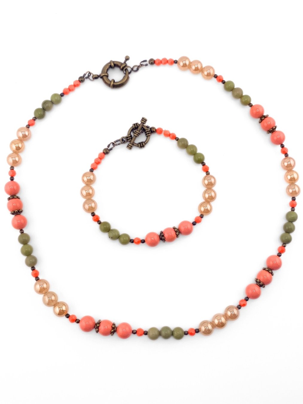 Glass Beaded Single Strand Necklace Set - Peach, Green product image (7)