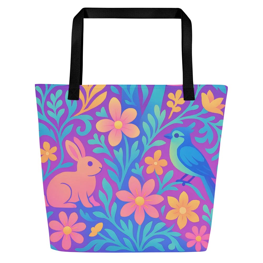 Chillwave Bunny & Bluebird Floral Tote Bag – Colorful Cute Aesthetic Reusable Bag with inside Pocket product image (1)