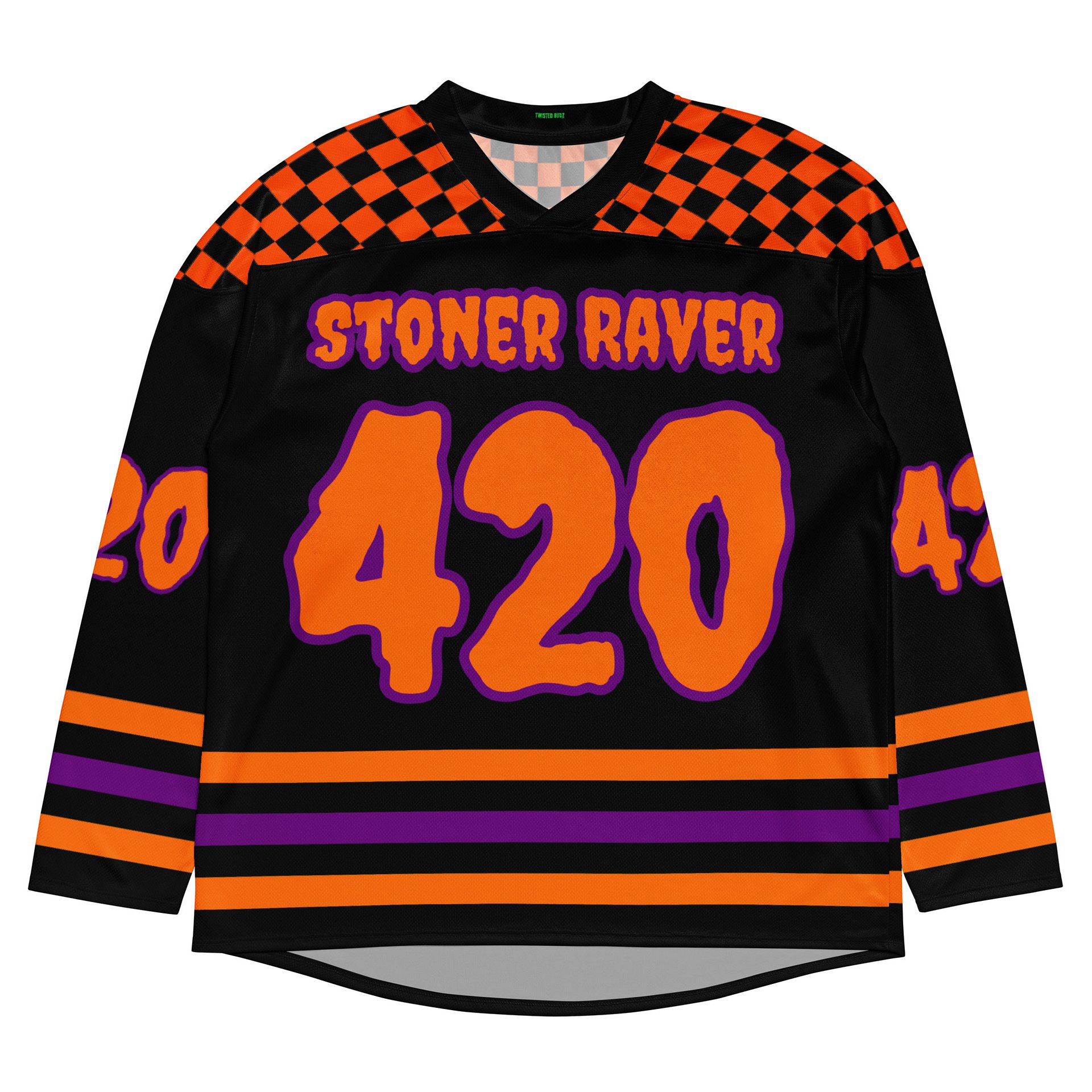 Stoner Raver 420 Hockey Jersey, Halloween Weed EDM Shirt, Fall Festival Cannabis Clothes, Orange Black Purple Goth Fashion, Alt Rave Wear product image (1)