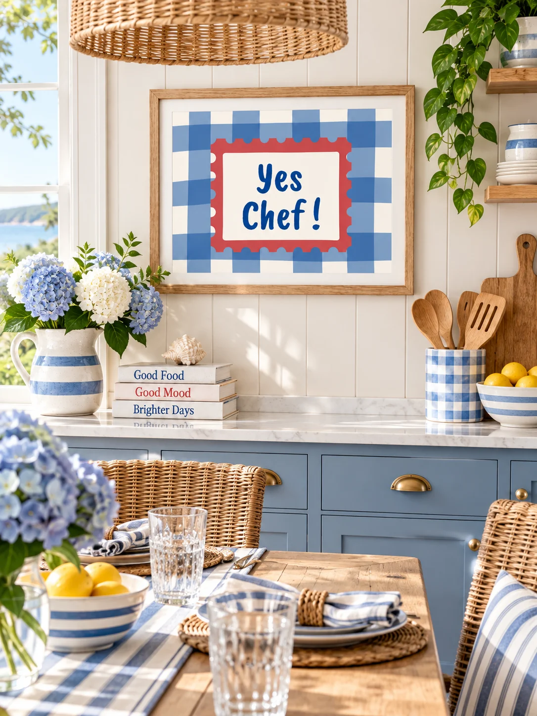 Yes Chef Kitchen Wall Art | Blue Gingham Cooking Quote | Retro Checkered Printable Poster product image (9)