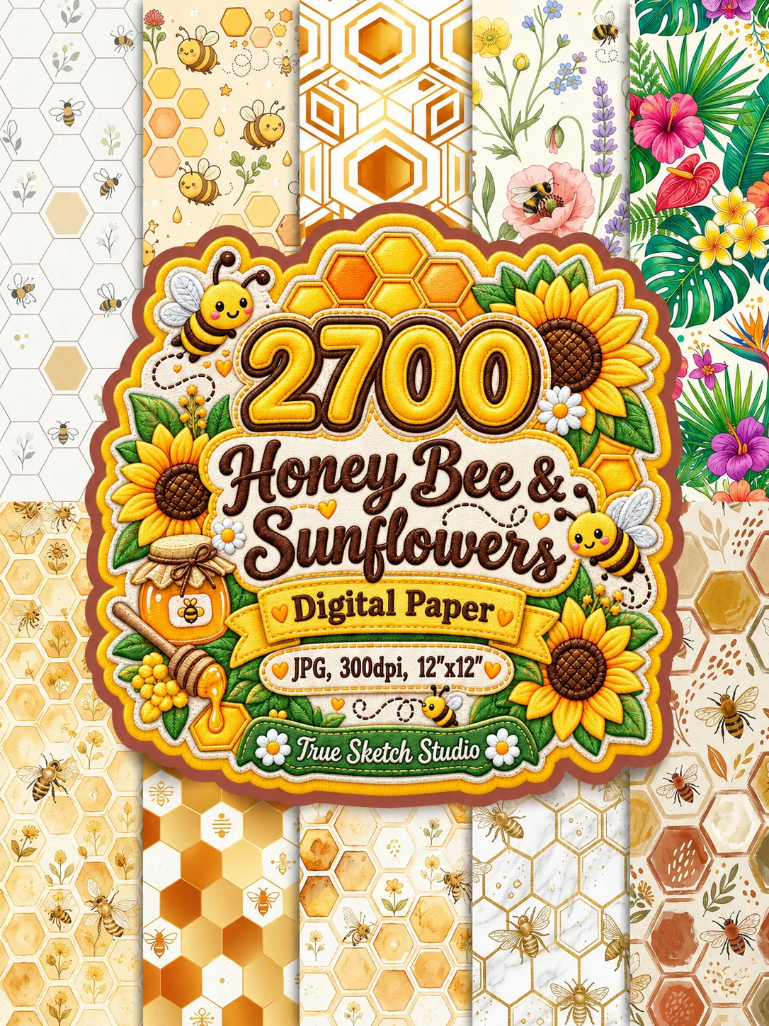 2700 Honey Bee Sunflower Digital Paper Bundle product image (4)
