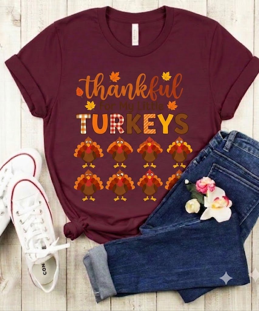 Thankful for My Little Turkeys Shirt for Women – Cute Thanksgiving Turkey Family Graphic Tee, Fall Autumn Mom T-Shirt product image (3)