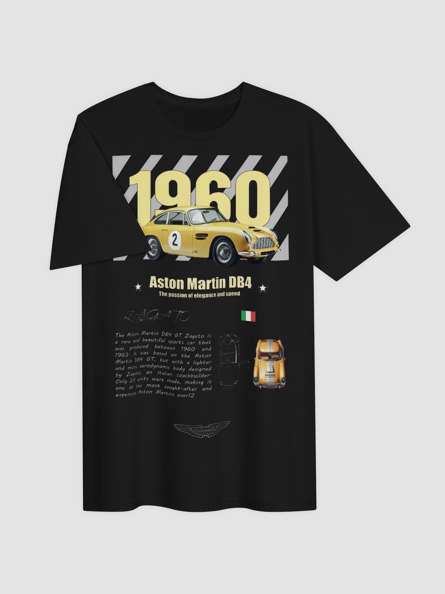 Aston Martin DB4 GT Zagato T-Shirt | 1960 Competition Yellow Racing Graphic Tee | Classic British Collector Car Shirt product image (2)