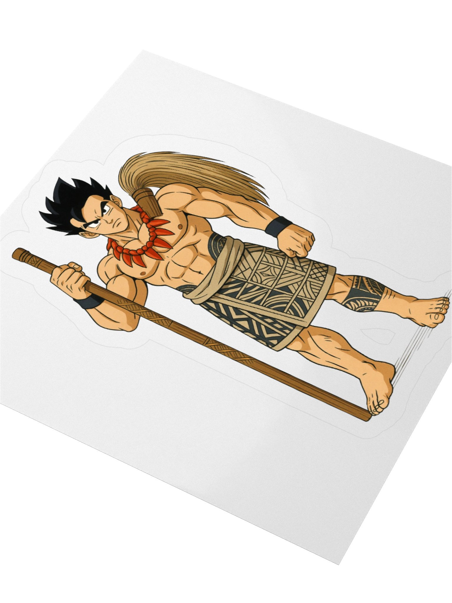 Anime-Inspired Samoan Matai Warrior Kiss-Cut Sticker – Polynesian Pe‘a Tattoo & Fue Design product image (8)