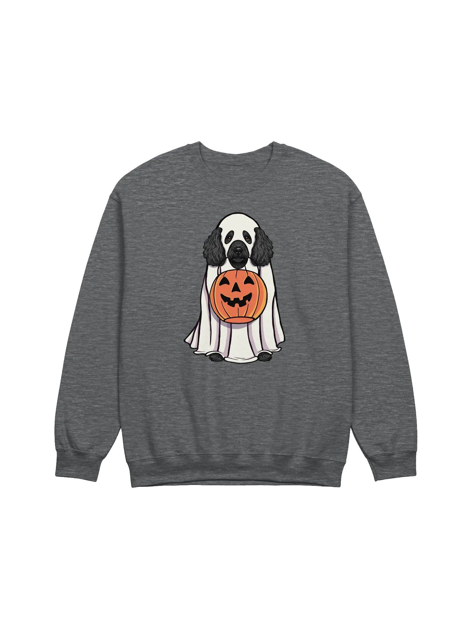 Funny Halloween Mini Poodle(Black) Sweatshirt | Funny Poodle Wearing a Ghost Costume and Holding a Pumpkin Basket product image (1)