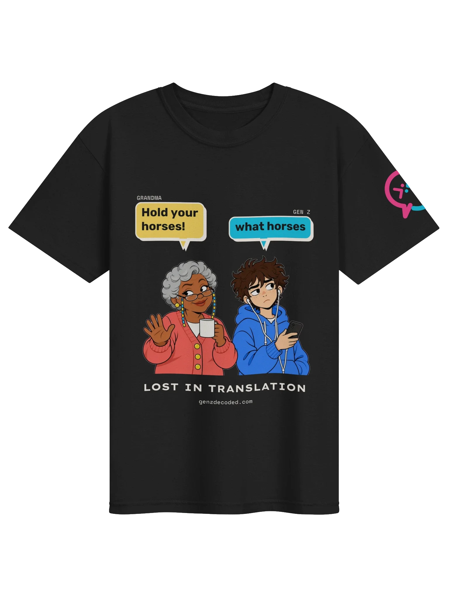 Hold Your Horses Cartoon Tee, Black