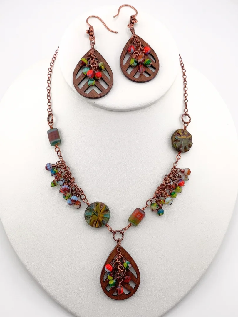 Colorful Beaded Wooden Teardrop Necklace and Earrings Set product image (1)