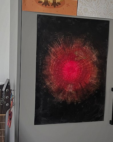 Some people see beetroot, some people see HAL 9000

What do you see? 

Acrylic paint, oil pastels, paper