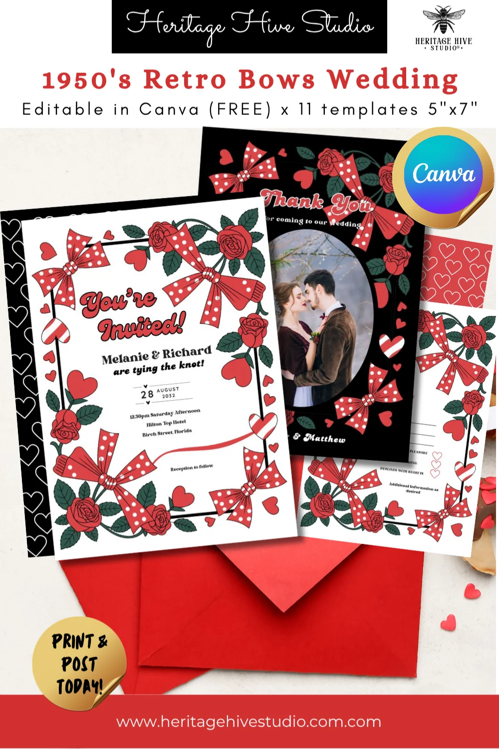 Editable Retro Wedding Invitations | Edit in Canva | Instant Download Template | Roackabilly Red Black Polka Dot Bows product image (1)