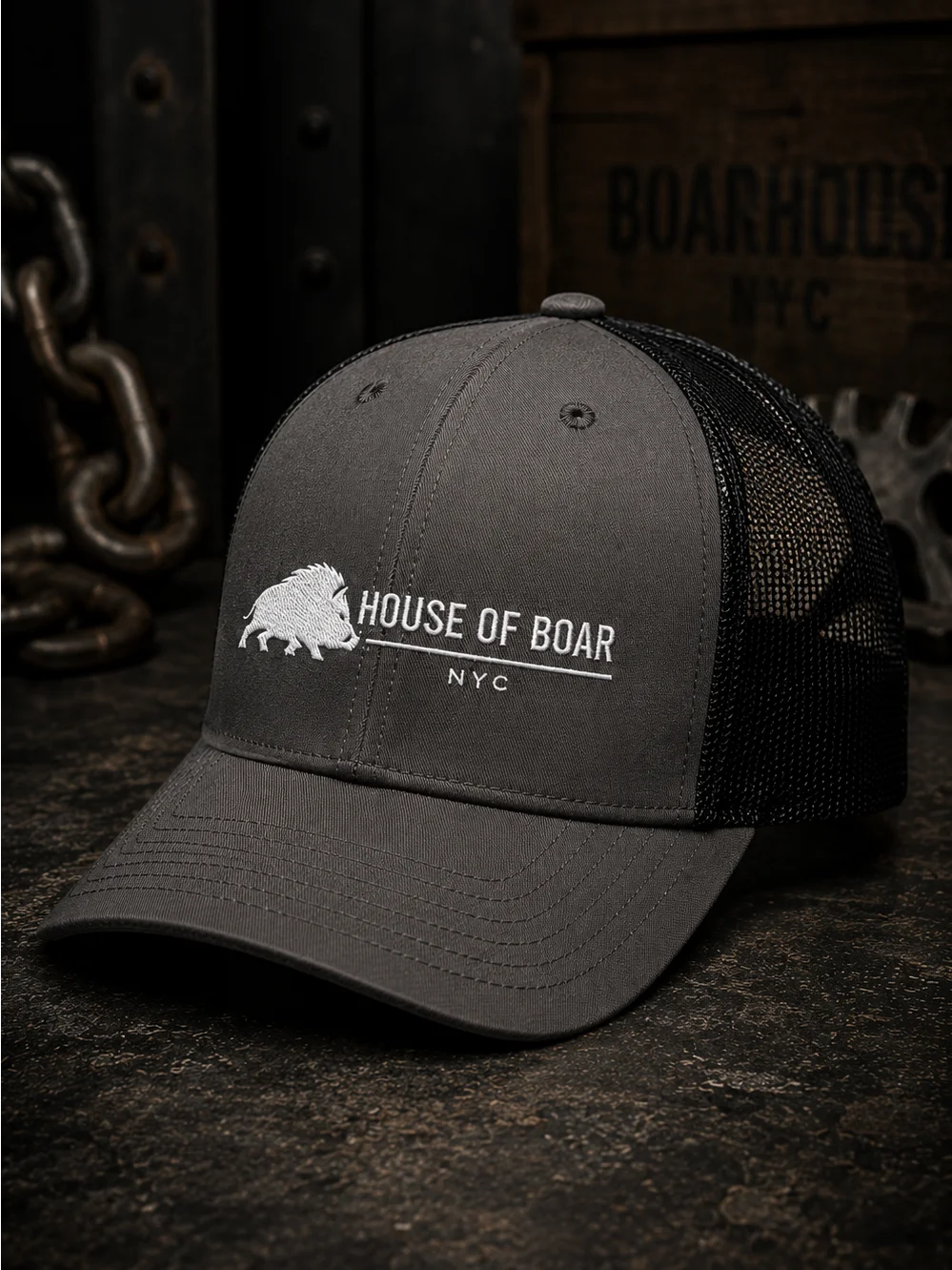 House of Boar NYC — Embroidered Trucker Hat (Charcoal / Black — White Thread) product image (1)