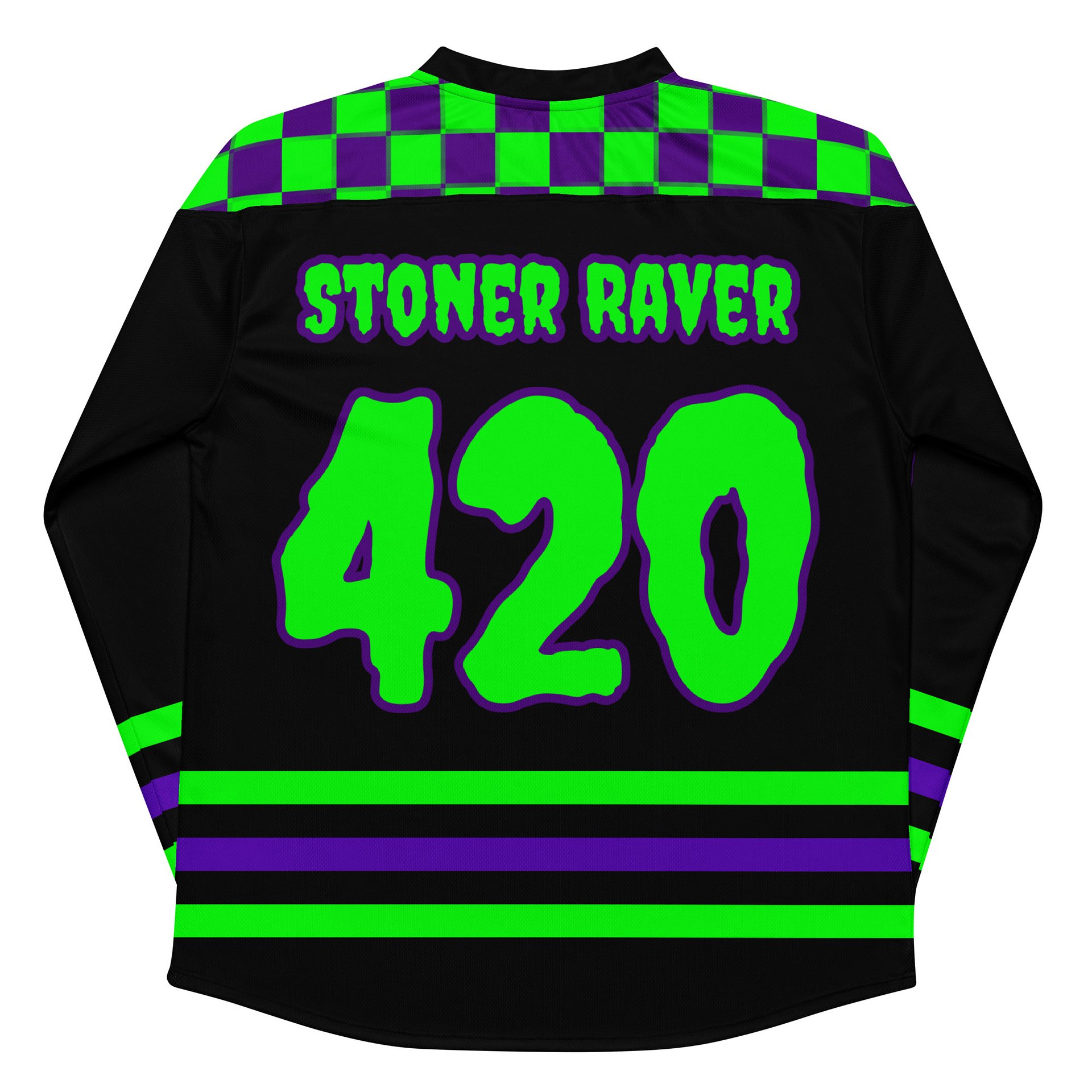 Stoner Raver 420 Hockey Jersey, Cannabis EDM Shirt, Gothic Alt Rave Wear, Weed Music Festival Clothes, Black Purple Neon Green Pot Leaf Top product image (3)