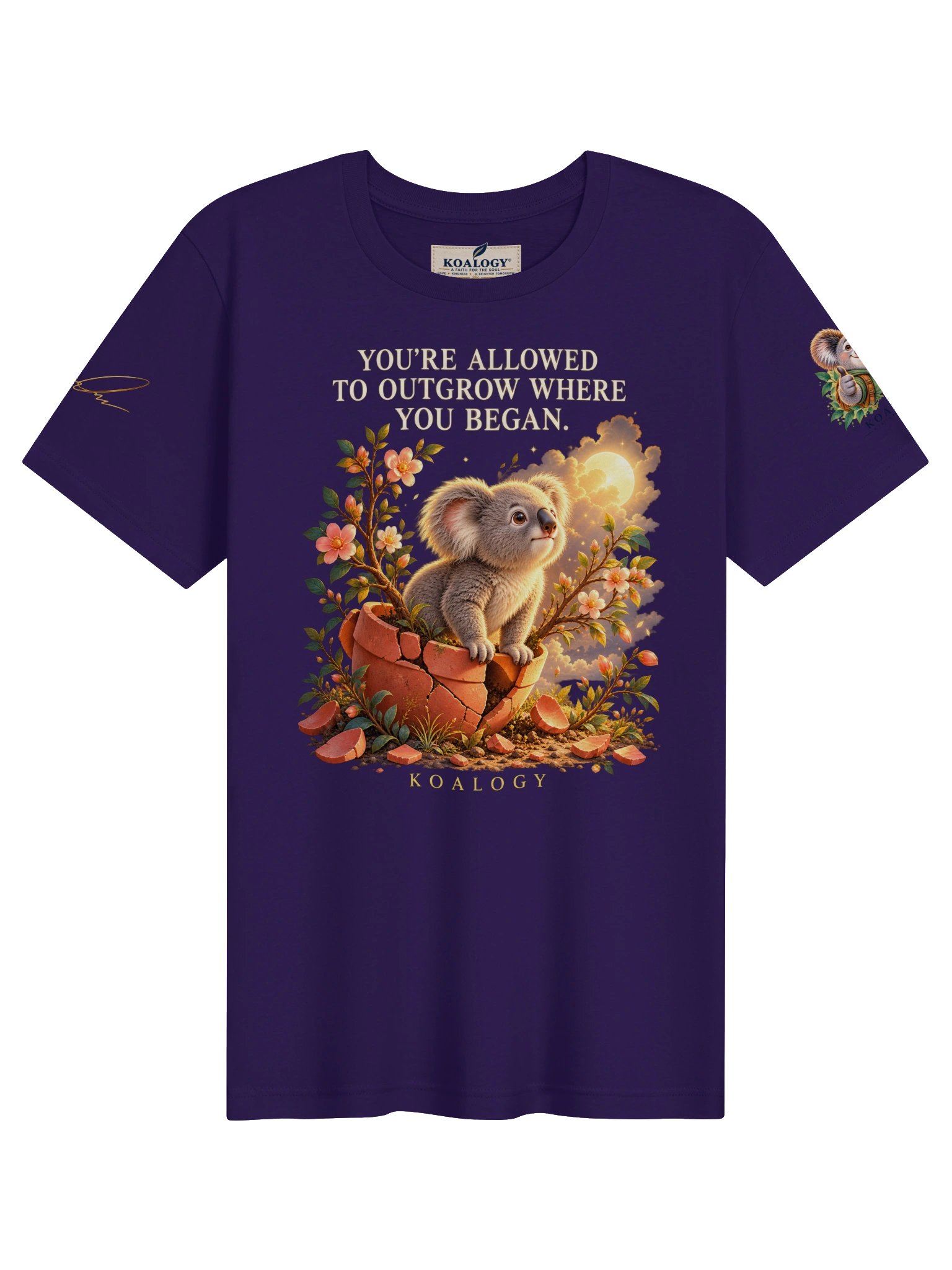 Purple Room to Grow tee with a koala emerging from a terracotta pot
