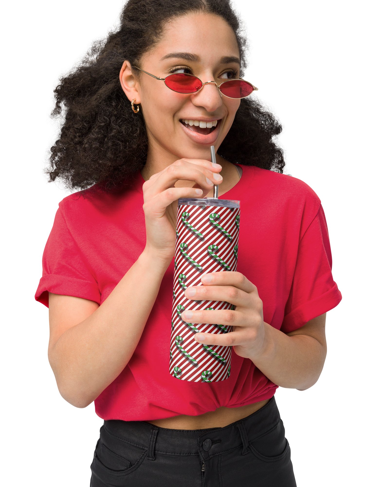 Green Candy Canes on Red Stipe Stainless Steel Tumbler with Straw product image (7)