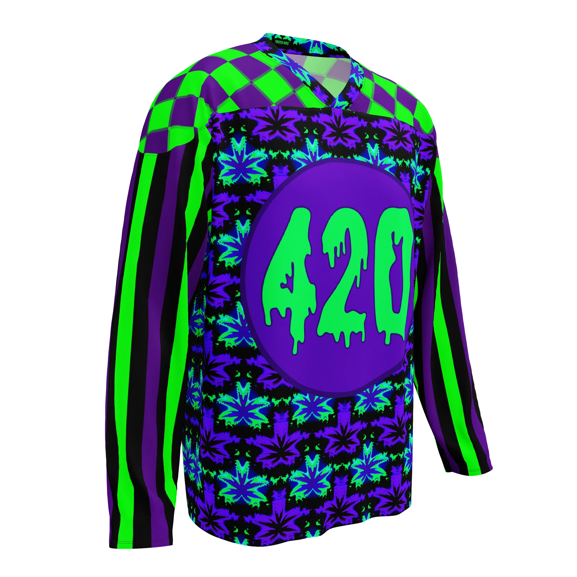 420 Festival Hockey Jersey, Stoner Rave Circus Stripes Shirt, Twisted Clown Cannabis Clothes, Neon 90s Trippy Checker Top, Odd Weed EDM Wear product image (3)