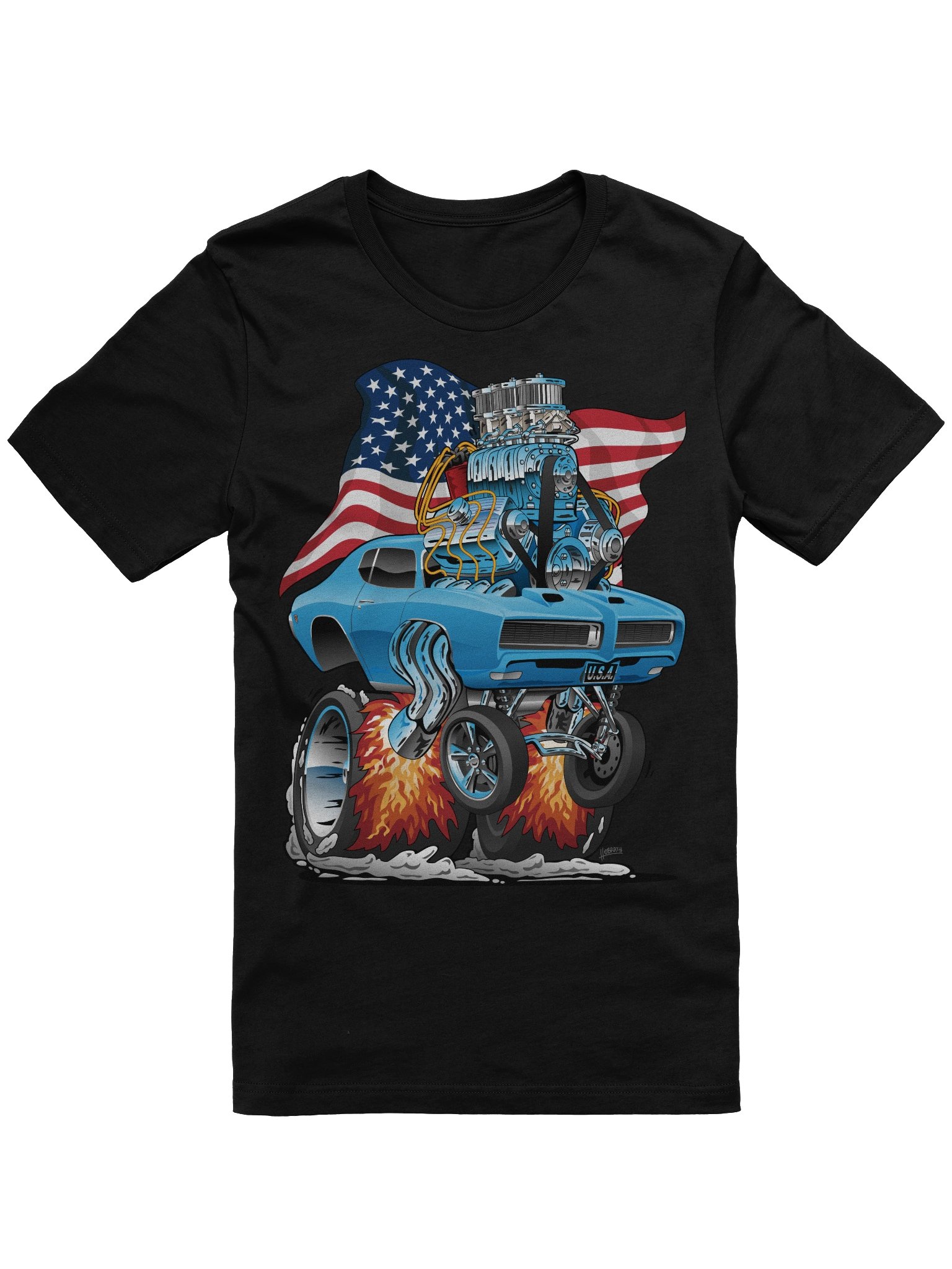 Patriotic 60s Muscle Car Funny Dragster USA Hotrod Cartoon T-Shirt product image (1)
