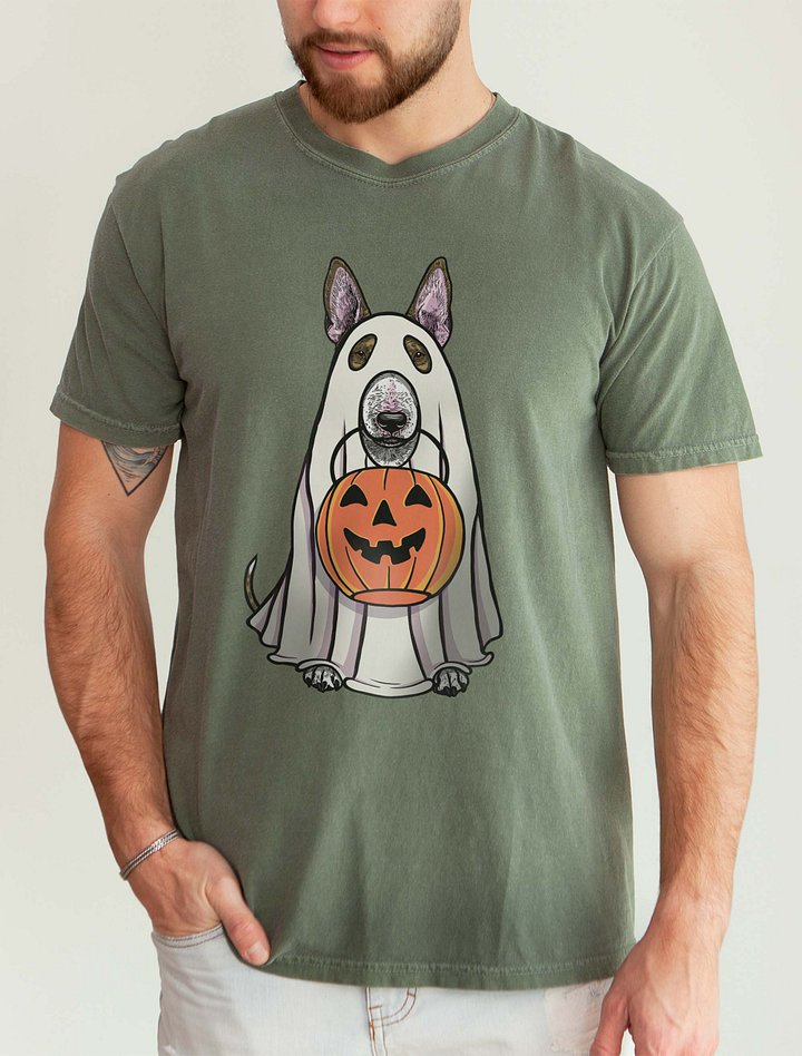 Funny Halloween Bull Terrier(Brindle) T-Shirt | Funny Dog Wearing a Ghost Costume and Holding a Pumpkin Basket product image (2)