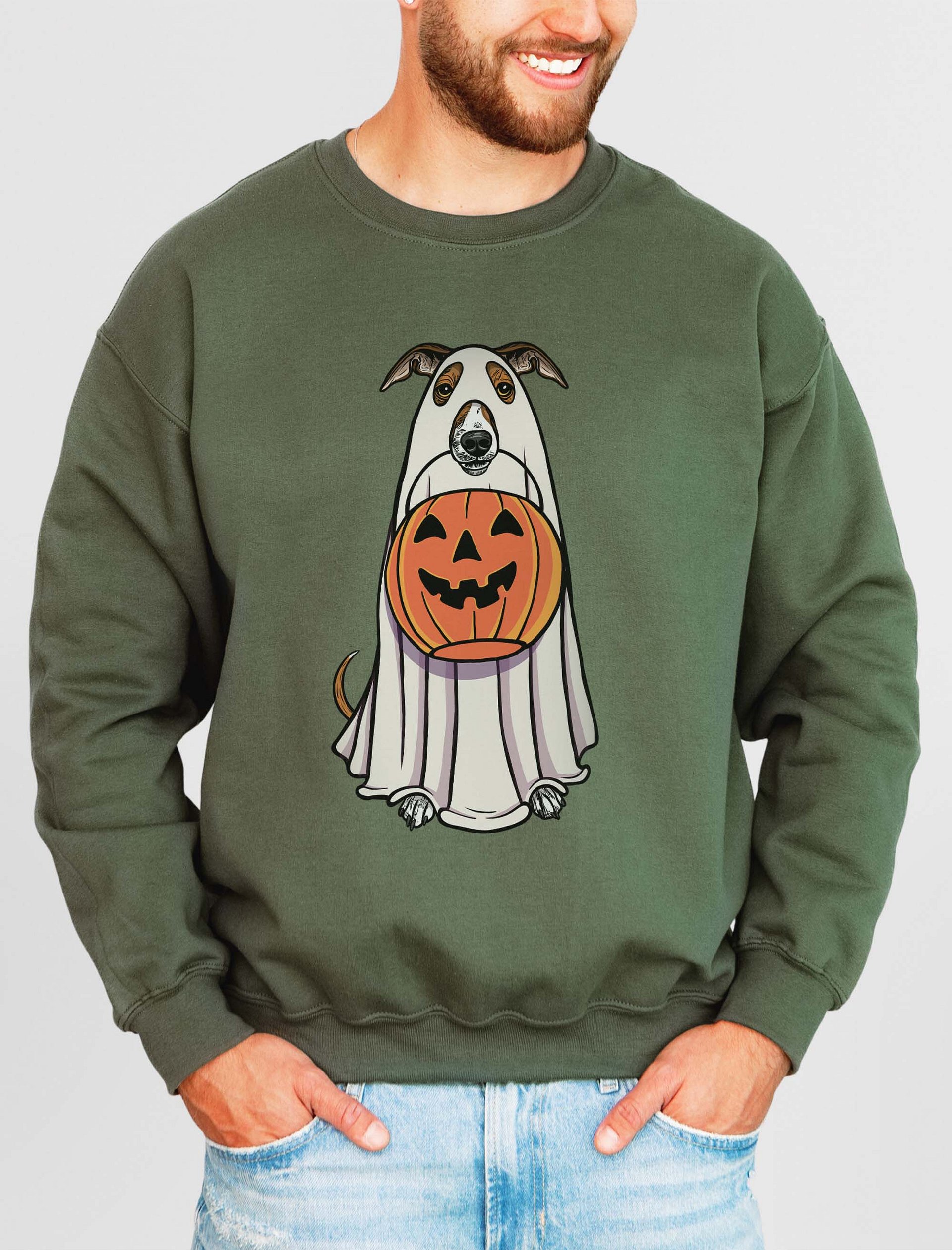 Funny Halloween Italian Greyhound(Sable) Sweatshirt | Funny Iggy Wearing a Ghost Costume and Holding a Pumpkin Basket product image (2)