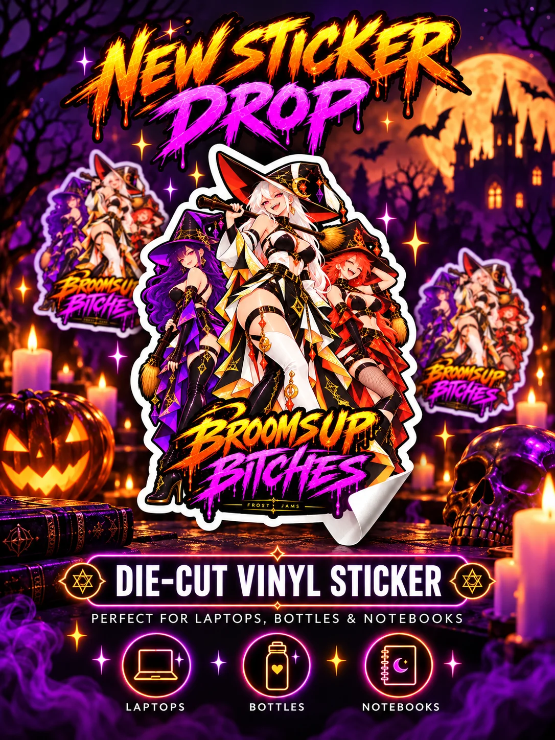 Brooms Up, Bitches 🎃 | Halloween Witch Die-Cut Sticker product image (1)