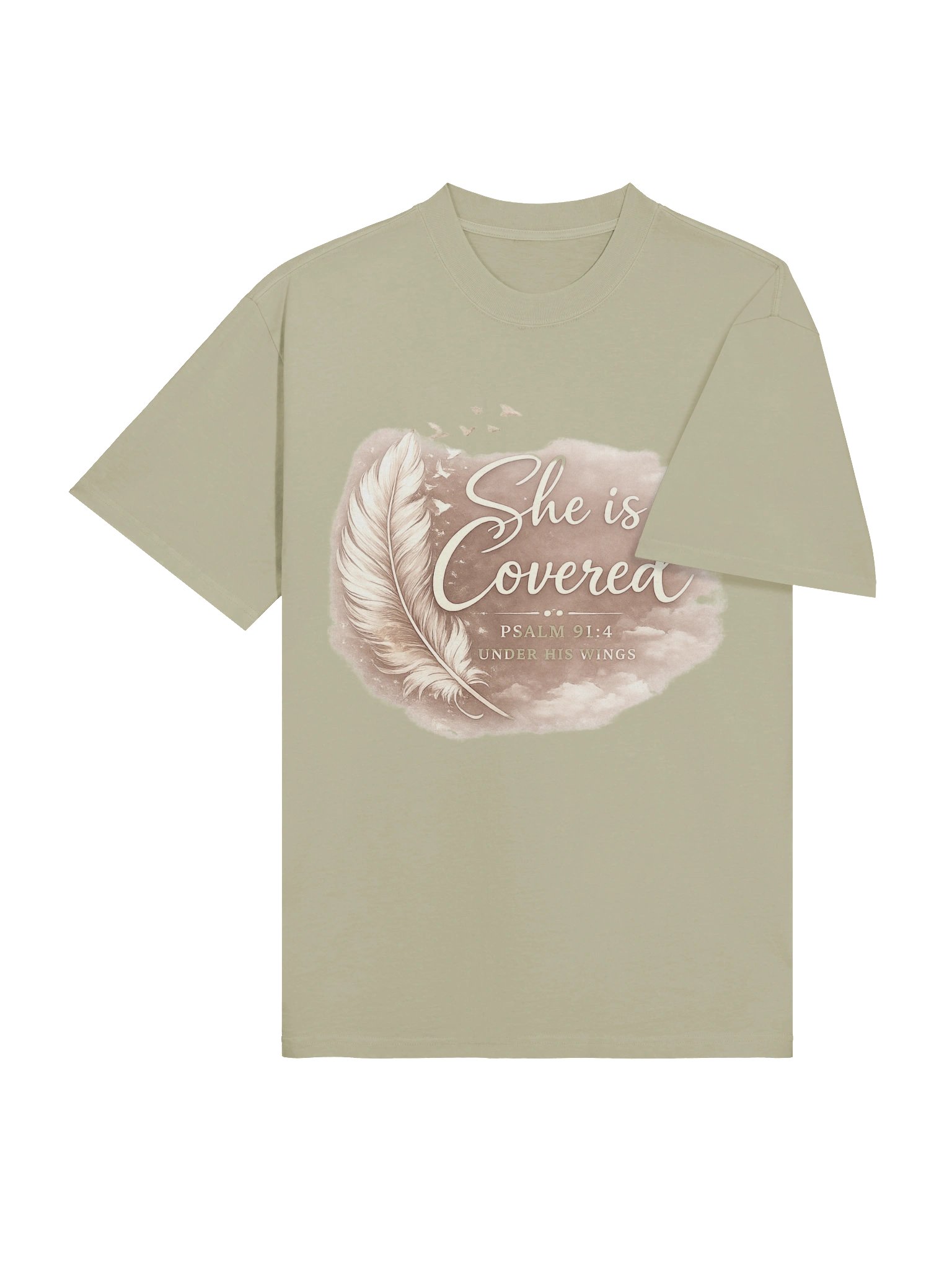 She Is Covered Oversized Tee | Psalm 91 Christian T-Shirt | Premium Heavyweight Pump Cover | Neutral Faith Apparel | Faded Eucalyptus product image (6)