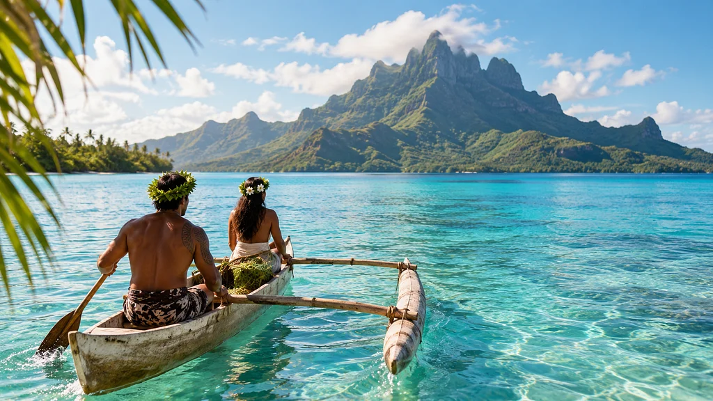 Traditional outrigger canoe paddling across a turquoise lagoon in French Polynesia, with two people wearing flower crowns and dramatic green mountains rising in the background.