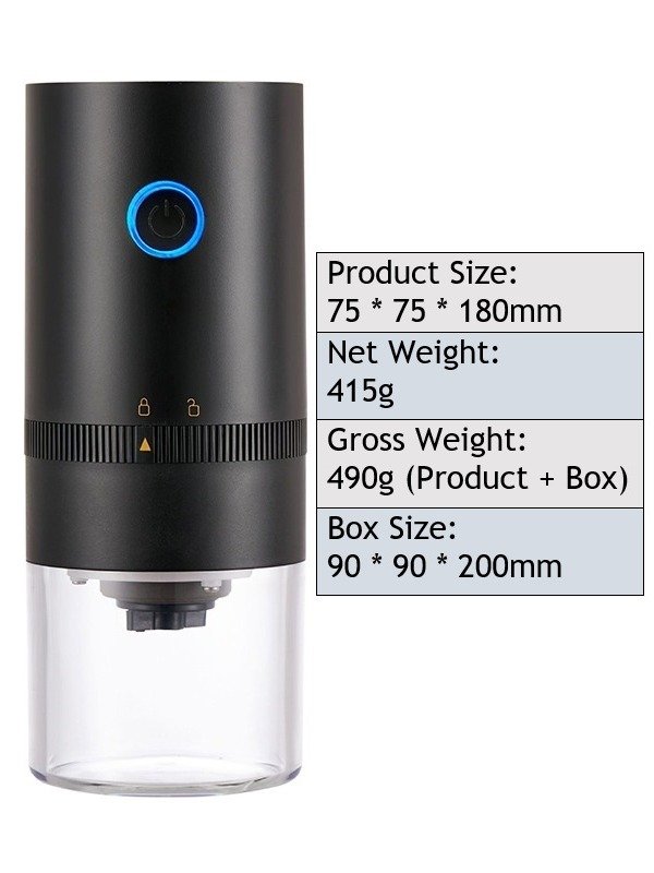 Portable electric coffee grinder with ceramic burr, adjustable grind settings, and USB rechargeable battery. Compact design ideal for espresso, pour-over, French press, travel, and home brewing. product image (1)