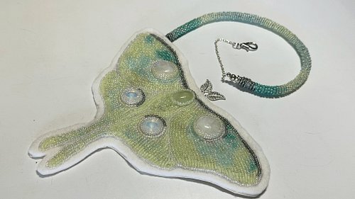 I’m making a bead rope to hold the Luna Moth beadwork. Decided to go with two shorter bead ropes with a chain to connect them...