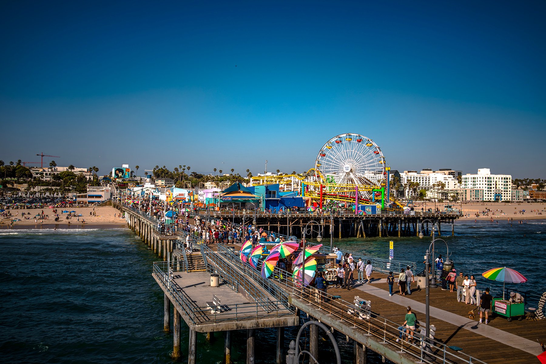 The Santa Monica Pier and its Ferris wheel stretching out over the Pacific