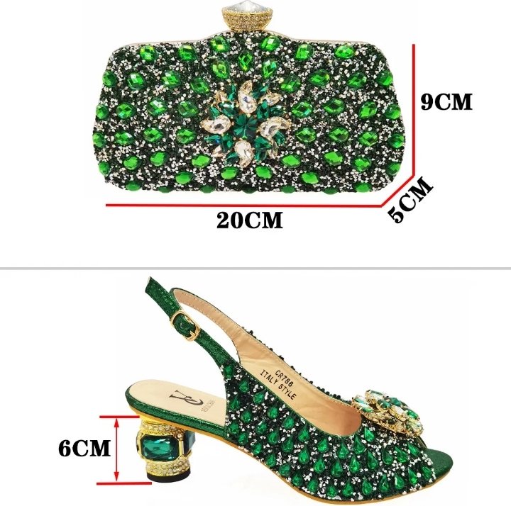 Luxury Italian Women's Rhinestone Shoes and Matching Bag Set(Green) – Elegant Platform Sandals with Block Heels for Weddings, Parties & Evening Events product image (3)